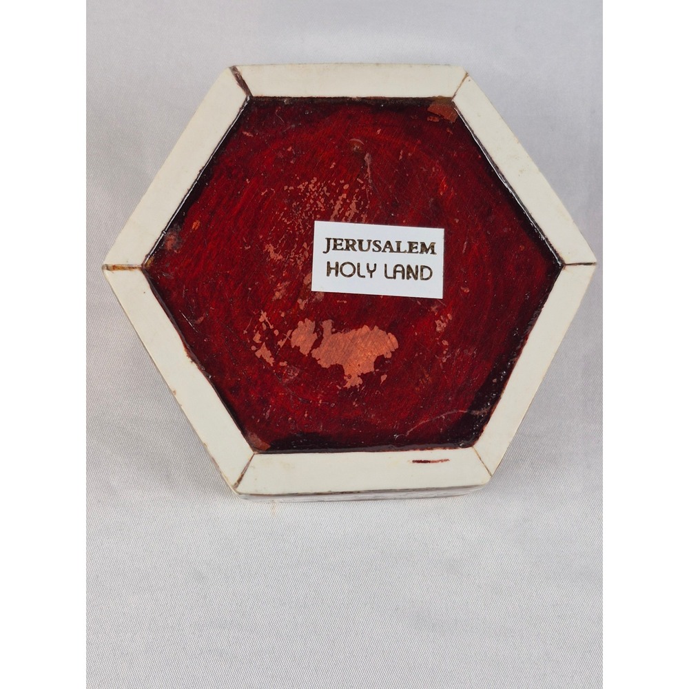 Jerusalem Holy Land Olive Wood Mother of Pearl Inlay Hexagon Trinket Jewelry Box - Picture 5 of 9